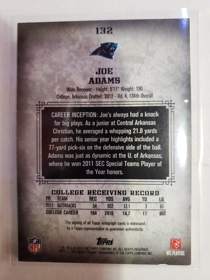 2012 TOPPS INCEPTION JOE ADAMS AUTO. CARD #132 - Image 2 of 2