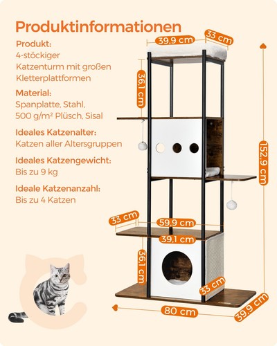 Kratzbaum Katzenturm modern 153 cm mit Kratzmatte waschbare Kissen PCT317X01 - Bild 7 von 10