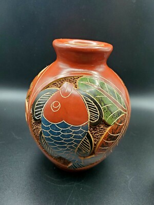 Nicaraguan Pottery With Carved Incised Fish, Sea Turtle, Octopus Textured 5''  