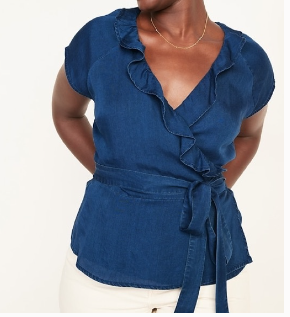 NEW Old Navy Denim Ruffle True Wrap Top Blouse XS