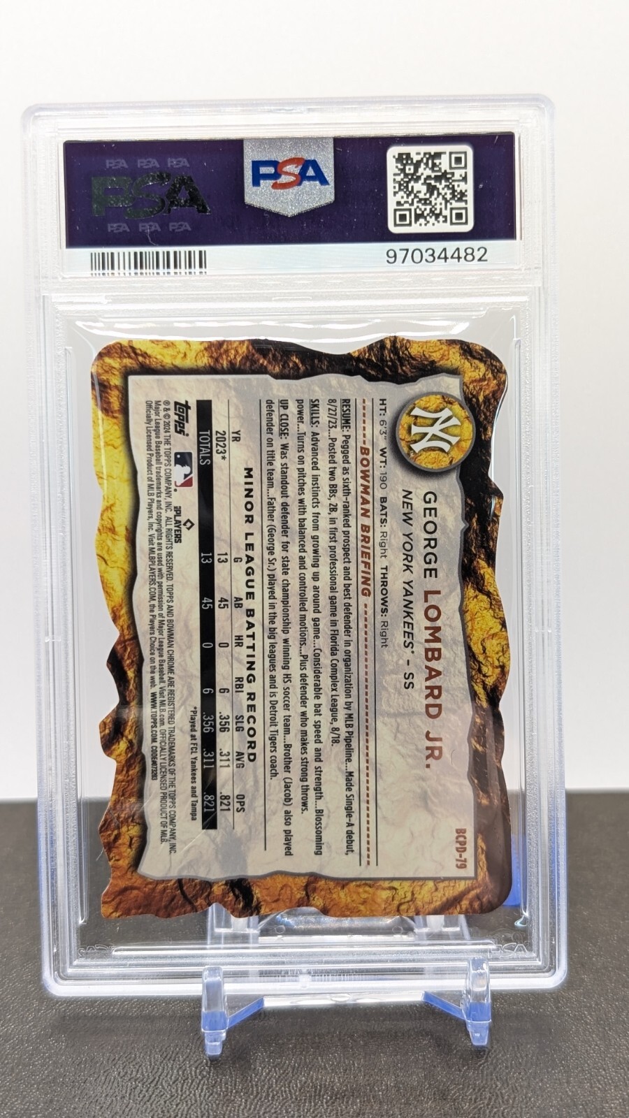 2024 Bowman Chrome Lombard Jr. DieCut 47/49 Golden Nugget PSA