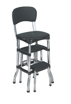 COSCO Stylaire Retro Chair Step Stool Pull Out Steps Black Chrome Vinyl 225lb