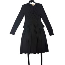 Michael Kors Black Long Sleeve Faux Wrap Pleated Fit & Flare Dress Size 6 LBD