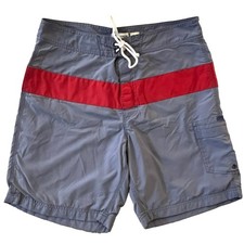 J. Crew Board Shorts Flex Swim Trunks Size 33 Gray Red Bathing Suit