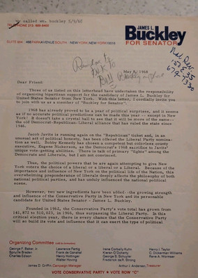 Walter Winchell Notes On 1968 James L. Buckley's Campaign Letter For U S Senate