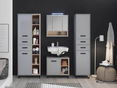 Badmöbel-Set Badezimmer TOURS 6 in grau / Sonoma, 4-tlg., Spiegelschrank + LED