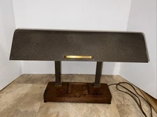 Art Deco Double Column Bankers Desk Lamp Industrial Top Wood Base Brass Accents