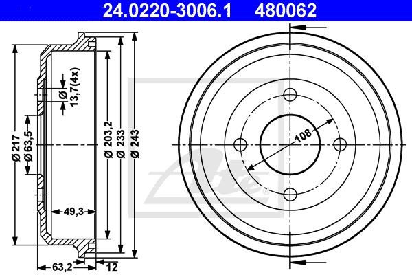 Tambour de frein ATE pour Ford Mondeo I et II 1.8 TD essence 228mm