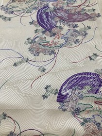 13"x66" Japanese kimono silk fabric panel / white base, folding fan C62