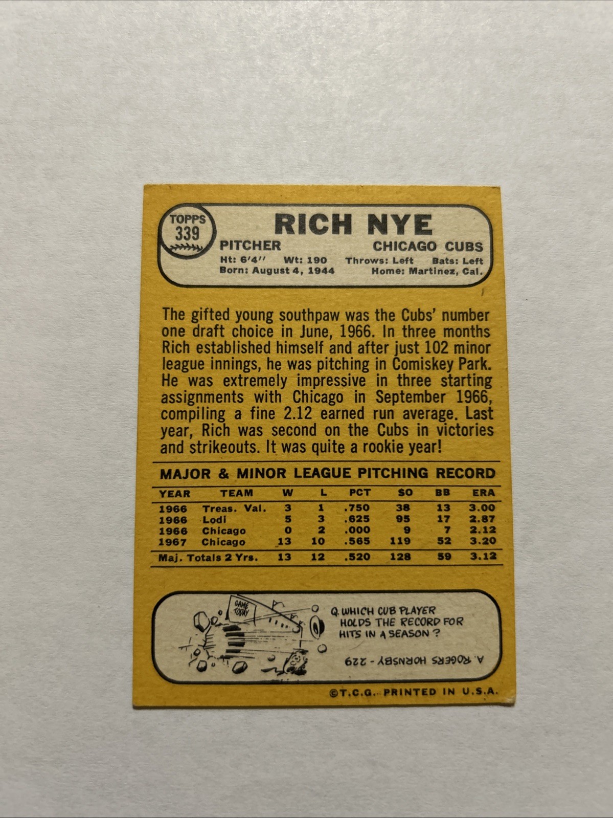 1968 Topps Rich Nye #339 Chicago Cubs Vintage Baseball Card