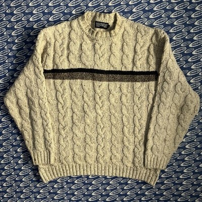 Men s Private European Cable Knit Striped Sweater Pullover Wool Blend Sz L Biege
