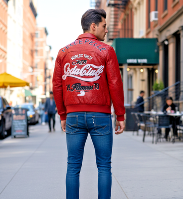 Pellé SODA CLUB ボンバージャケット Men's Pelle Pelle Red Soda Club Jacket–Faux Leather Hip Hop Bomber