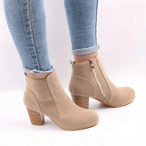 Botas De Ante Cuero Para Mujer Zapatos Sólidos De Tacón Grueso Botines Invierno - Bild 5 von 15