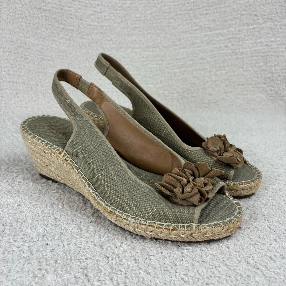 Sandali Clarks donna 10M verde Petrina Bianca tessuto pelle espadrillas zeppa