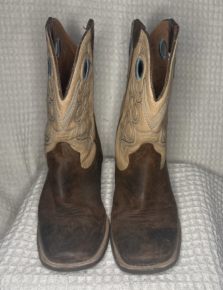 Ariat Botas de Rodeo Occidental Marrón Tostado Cuero Azul Costuras Niños Grandes Talla 3.5 Foto 3 de 4