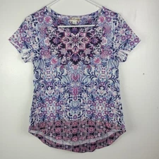 World Unity Women's Purple Floral Top Shirt Small Embellished Artsy Boho Hippie