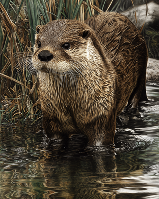 #ad 8x10 River Otter standing in shallow water reeds and ripples 283733622 $6.95