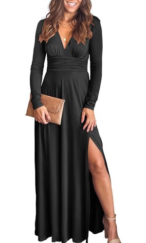 ANRABESS Maxi Dress Womens M Black Deep V Neck Long Sleeve High Waist Slit NWT