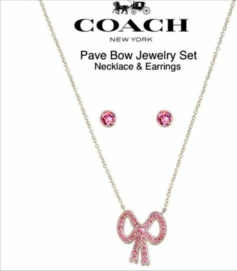 Nuovo Coach Color Argento Catena Rosa a Pavé Cristalli Arco Collana Orecchini