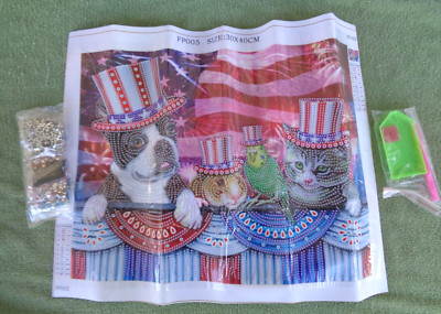 Patriotic Theme Diamond Painting Art Kit- Dog, Cat, Hamster, Parrot in Top Hats