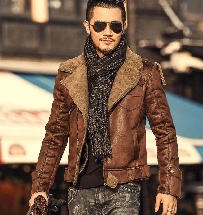 Mens Casual Lapel Wool Fur Lined Biker Jacket Short Thicken Suede Warm Parka