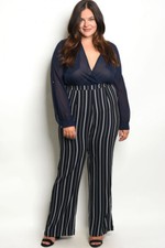Womens Plus Size Navy Blue Jumpsuit 2X White Stripe Plunging Neckline