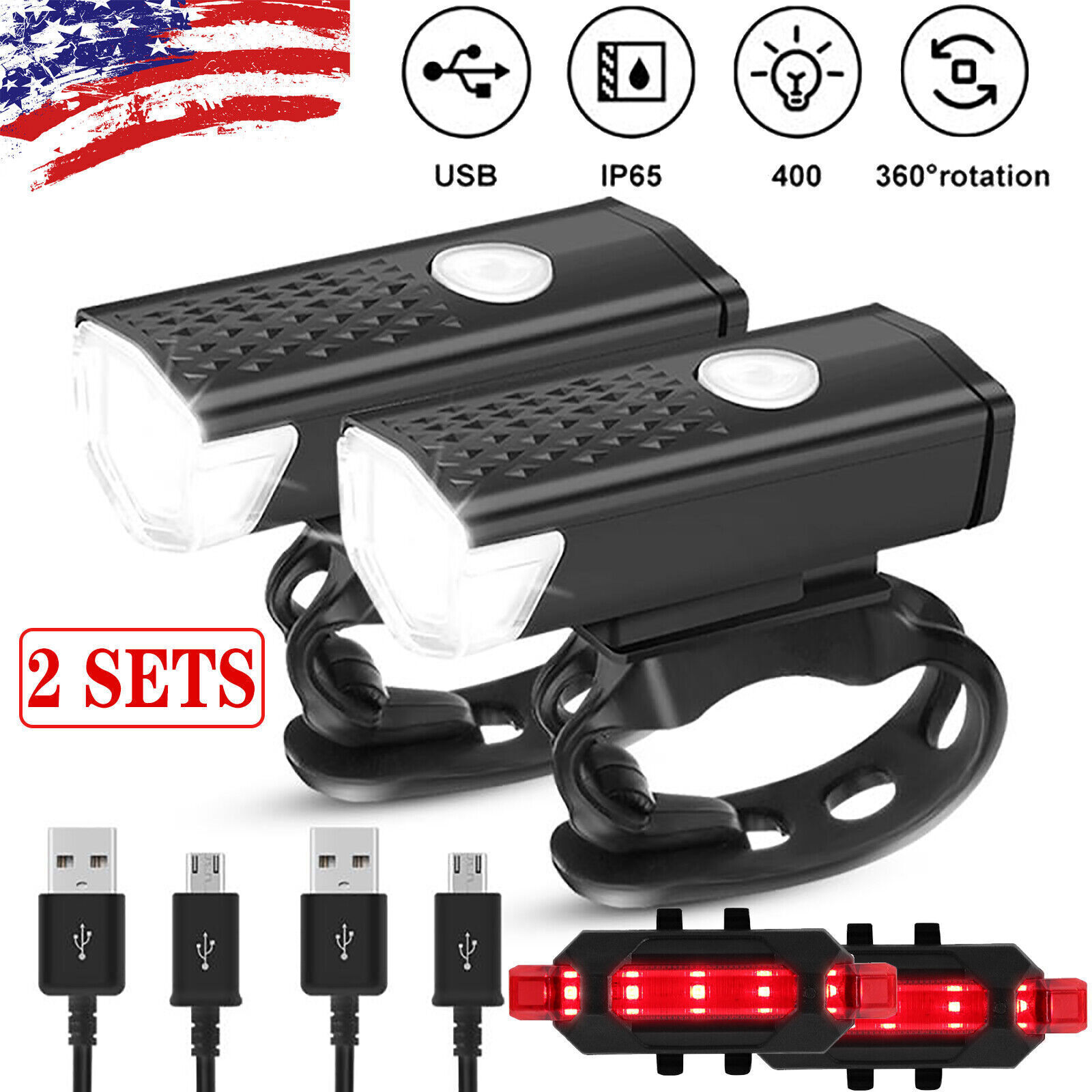 2 Sets USB Rechargeable LED Bicycle Headlight Bike Front Rear Lamp Cycling Light