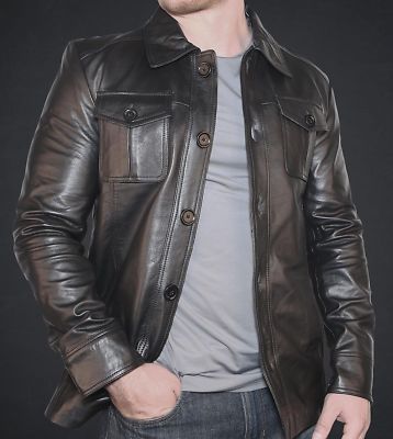 Mens Black Leather Shirt Jacket Motorcycle Genuine Lambskin Jacket - 225
