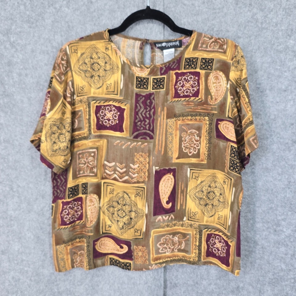 Vintage 90s Sag Harbor Petite Blouse Women Medium Earth Tone Patchwork