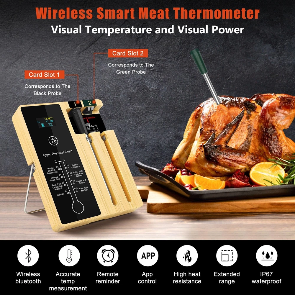 Kitcanis Meat Thermometer Wireless, 2 Probe 572FT Long Range Bluetooth Meat T...