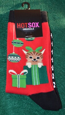 HOT SOX womens socks with kitty in green present red/NWT
