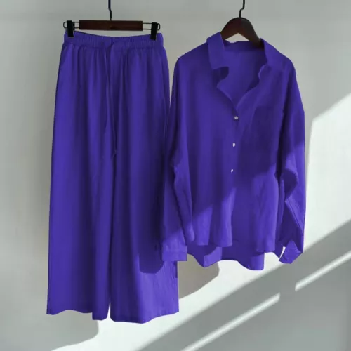 Women Lady Summer Solid Color Cotton Linen Suit Lapel Long Sleeve Top Leg Pants - Bild 32 von 42