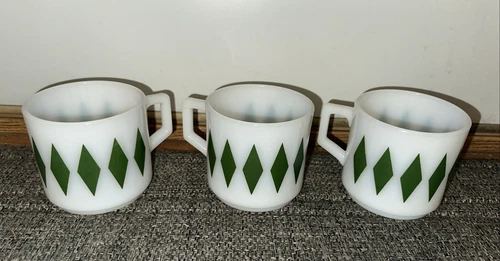 Fire King Harlequin Mug Green Diamond D Handle Milk Glass Vintage USA - Set Of 3