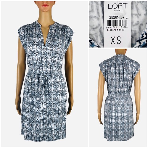 LOFT Womens XS Dress Sleeveless Blue Geometric Pattern Mini Rayon Stretch NWT
