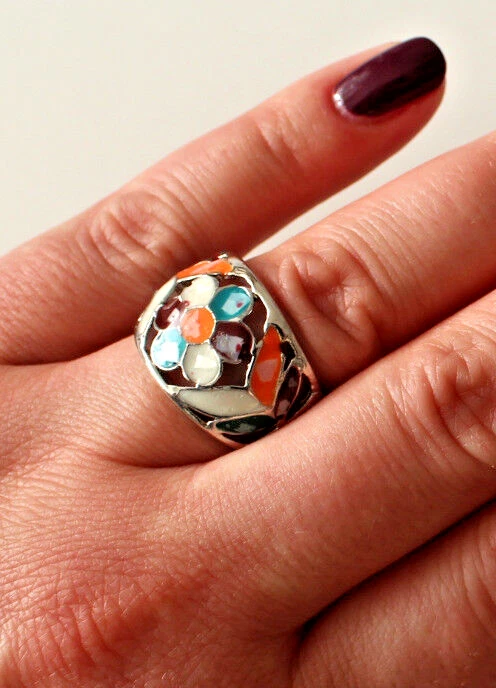 NEU Modeschmuck Cocktail Ring Perlmutt Steinen Farbe Silber Bunt Gr. 17.5 #070 - Bild 2 von 3