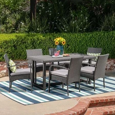 Sophia Outdoor 7 Piece Wicker Dining Set, Grey with Grey Cushions