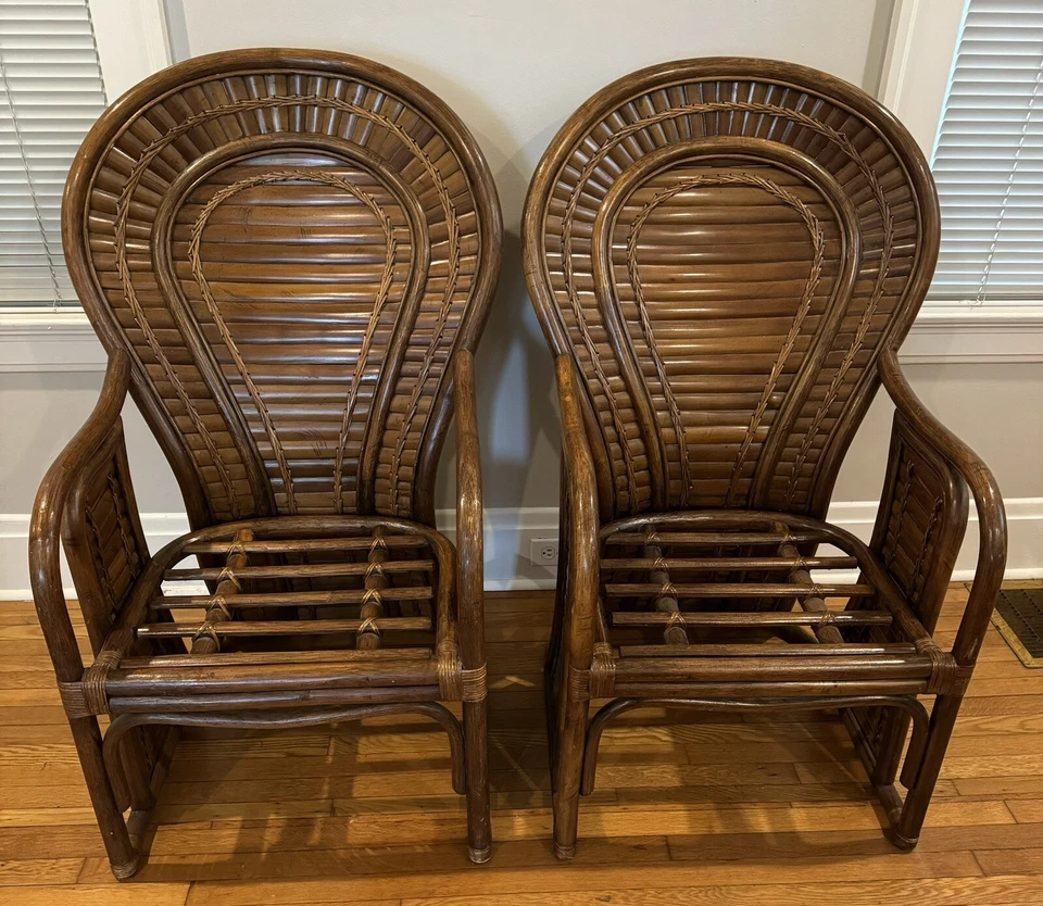 Par de sillones vintage Hollywood Regency Boho Chic madera Brent ratán abanico respaldo Foto 2 de 4