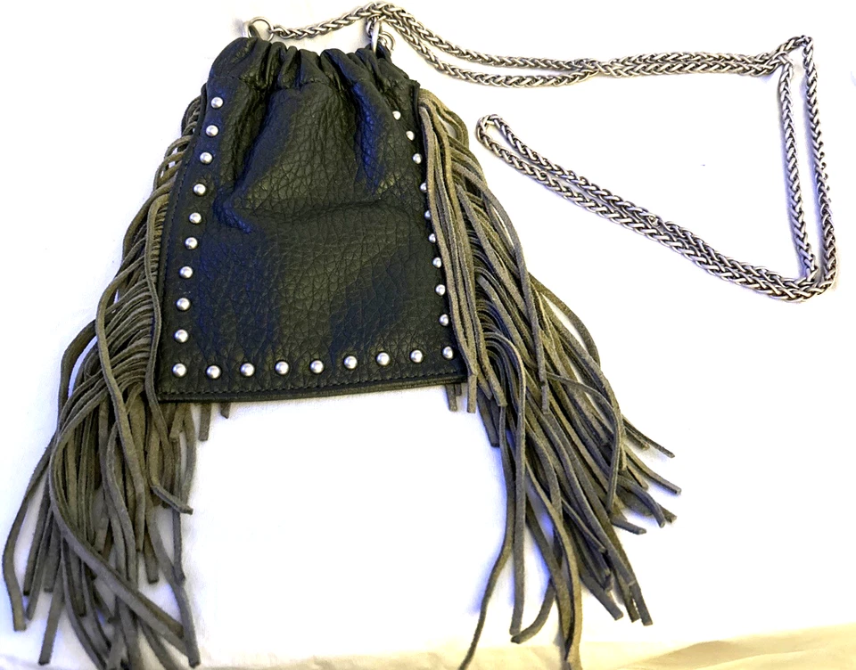 DV Boho Suede Fringe Purse Chain Strap Bag Leather? Studded Western Small Green - Image 2 of 4