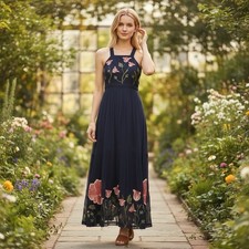 Anthropologie Floreat Womens Sz 6 Tulip Floral Embroidered Navy Blue Maxi Dress