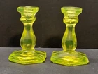 2 Antique Vaseline Sandwich Glass 2" Candlesticks Uranium Fenton Mini Childs Toy