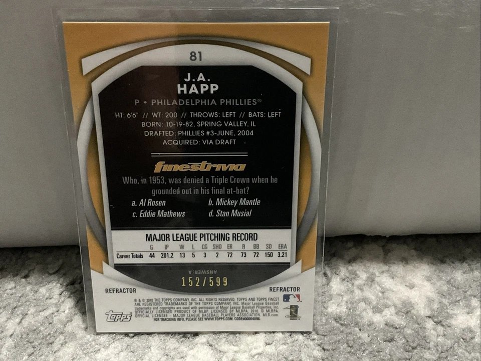 2010 Topps Finest - J.A. Happ #81 Refractor /599 Phillies SP - Image 3 of 3