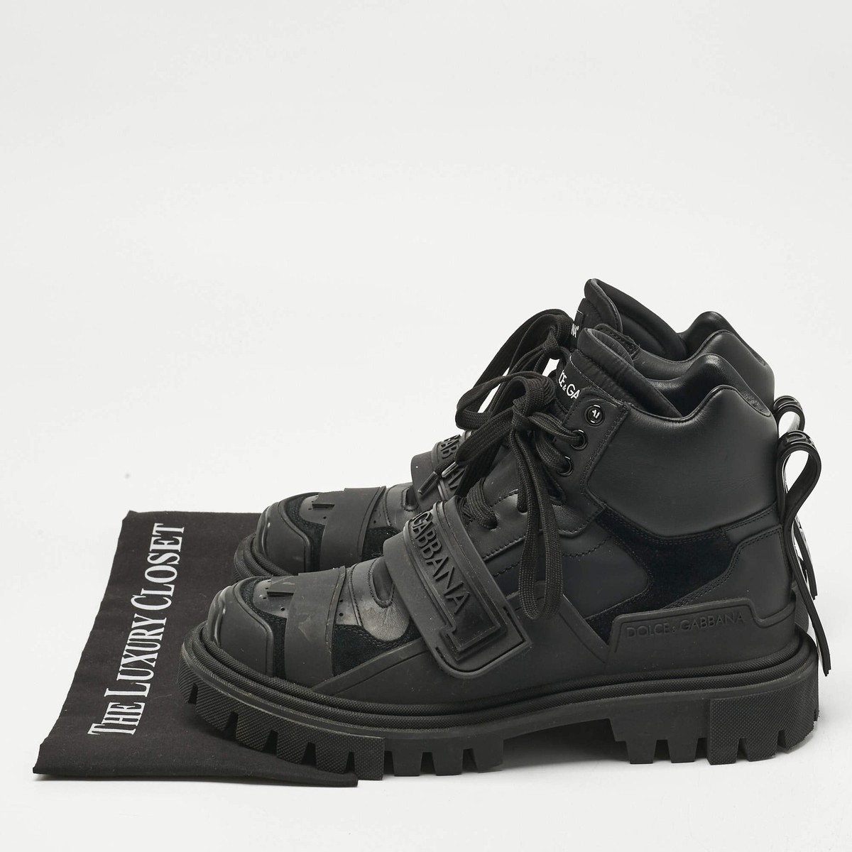 Dolce Gabbana Black Leather and Rubber Logo Strappy Trekking Boots