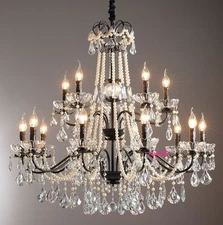 Elegant Living Room Bedroom Black Antique Pearl Candle Crystal Light Chandelier