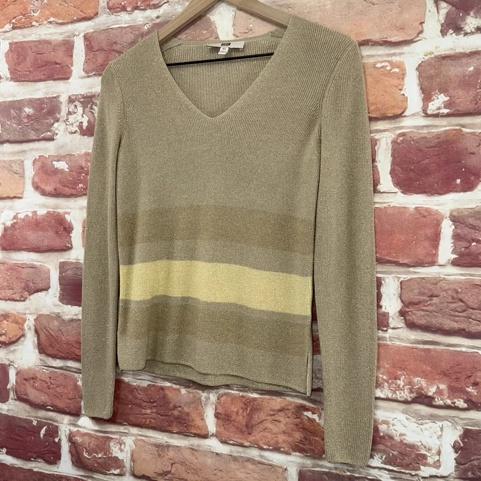 复古 Etcetera Top 女式 XS 棕褐色金色金属条纹休闲针织衬衫 — 第 3/4 张图片