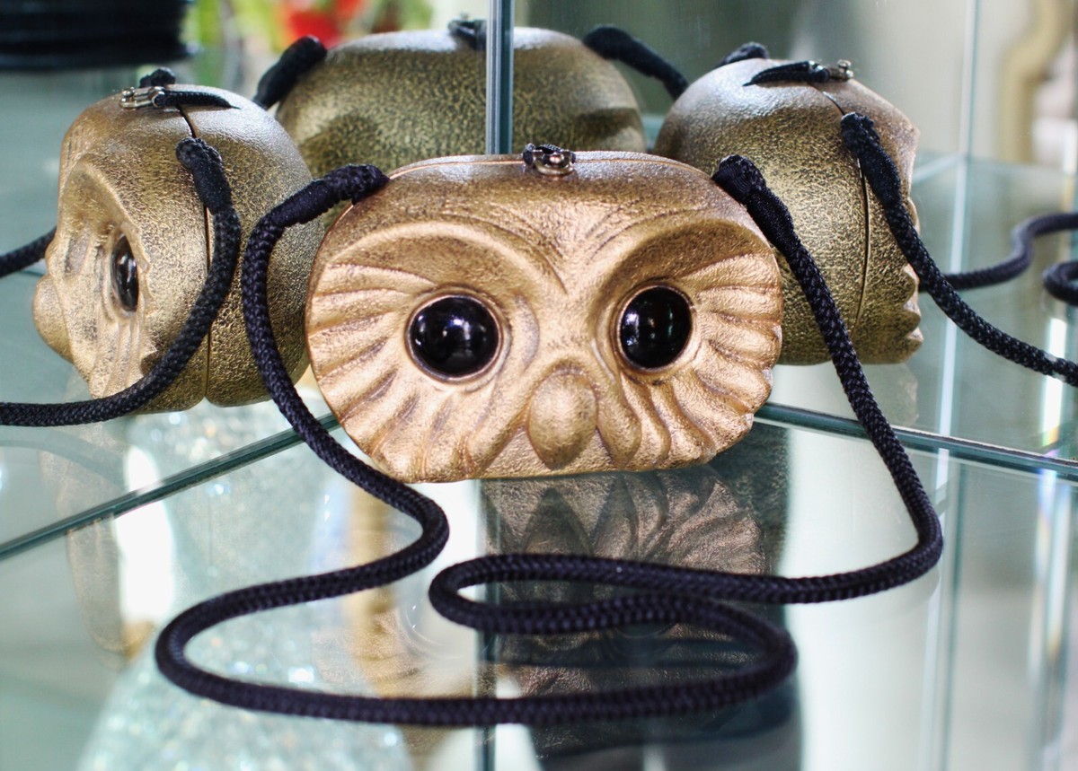 TIMMY WOODS GOLDEN WISE OWL HAND CARVED BAG CLUTCH MINAUDIERE