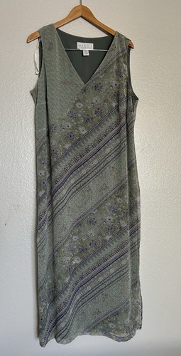 Maggie McNaughton-2X Green/Purple Flowers Lined Dress Side Slit Back Tie - Picture 2 of 7