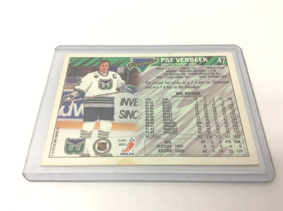 1993 Topps Pat Verbeek #47 Hartford Whalers Premier Signed Auto Hockey Card - Image 4 of 4