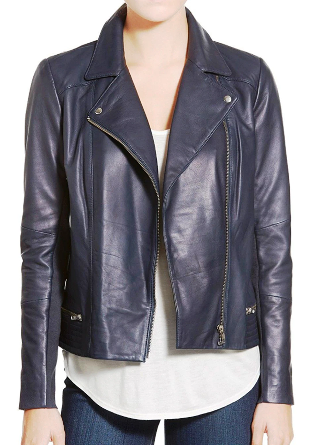 Women's Navy Blue Leather Jacket Biker Motorcycle Café Racer Soft Lambskin Coat