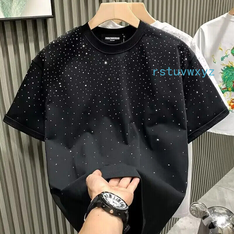 New Men Women Luxury Rhinestones Black White T-Shirt High Quality
