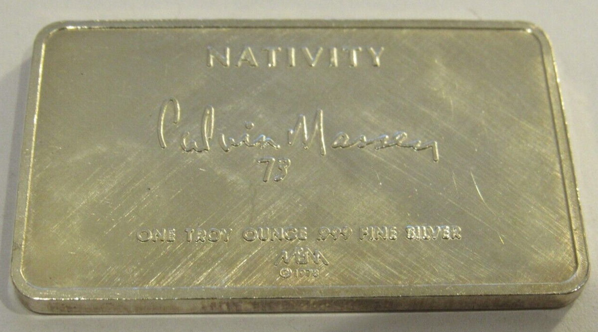 1973 Nativity Calvin Massey 1 Troy Oz. .999 Silver Bar - Mount